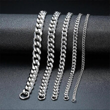 (silver) 5 PCS Men's Gold Plated Stainless Steel Curb Cuban Chain Link Bracelet 3/5/7/9/11 mm