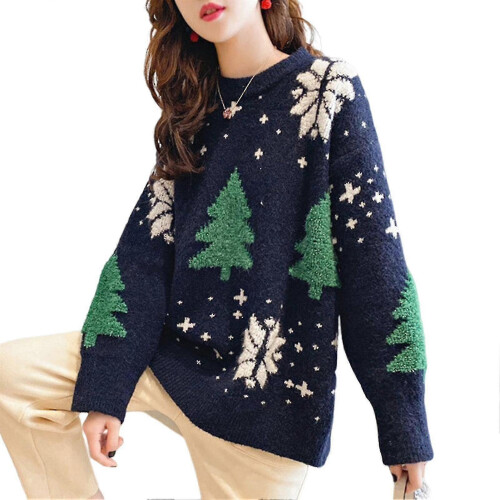 (Navy Blue)Sweater Women Tree Pattern Sweater Knitted O-neck Sweater