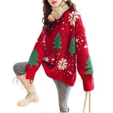 (Red)Sweater Women Tree Pattern Sweater Knitted O-neck Sweater