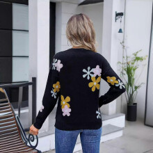 (L,black)Autumn and Winter Women's Sweater Printed Pullover Sweater Flower Sweater