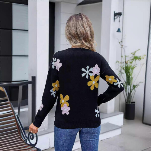 (L,black)Autumn and Winter Women's Sweater Printed Pullover Sweater Flower Sweater