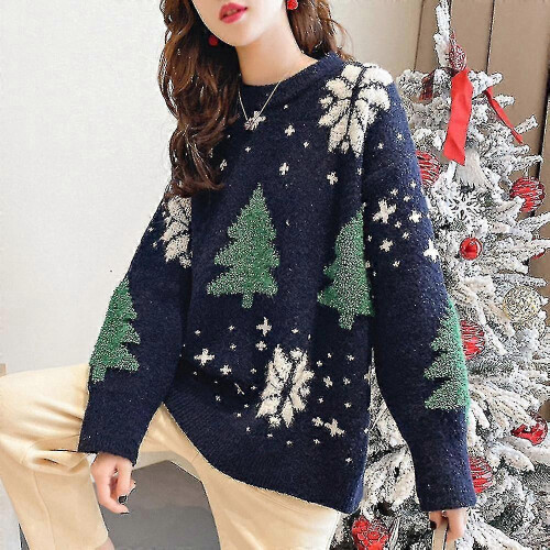 (White)Sweater Women Tree Pattern Sweater Knitted O-neck Sweater 1