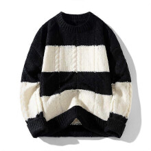 (3XL,Black)Men's Large Striped Knitted Sweater Sweater, Retro Couple Coat Sweater, Men's Knitted Sweater Top