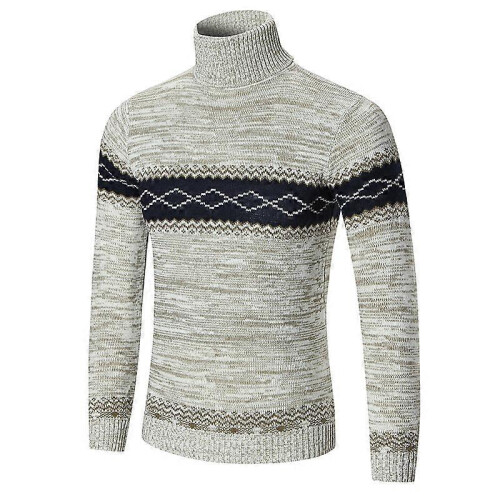 (xl,khaki)Sweater Men's Fleece Thick Turtleneck Sweater Lapel Pullover Splicing Sweater