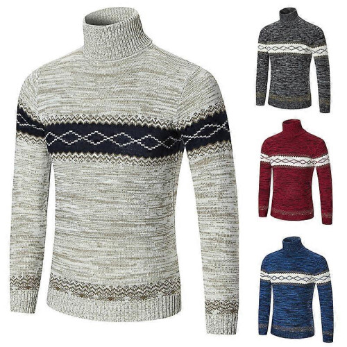 (xxl,khaki)Sweater Men's Fleece Thick Turtleneck Sweater Lapel Pullover Splicing Sweater 2