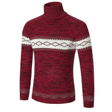(xxxl,red)Sweater Men's Fleece Thick Turtleneck Sweater Lapel Pullover Splicing Sweater