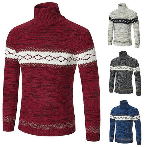 (xxl,red)Sweater Men's Fleece Thick Turtleneck Sweater Lapel Pullover Splicing Sweater 2