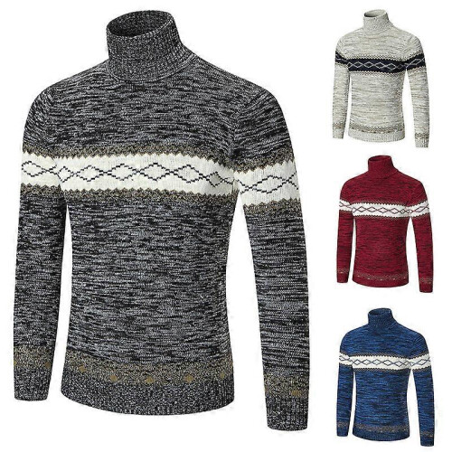 (m,black)Sweater Men's Fleece Thick Turtleneck Sweater Lapel Pullover Splicing Sweater 2