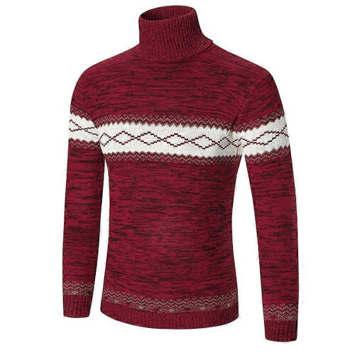 (xxl,red)Sweater Men's Fleece Thick Turtleneck Sweater Lapel Pullover Splicing Sweater