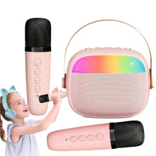 Mini Karaoke Machine for Kids and Adults, Portable Bluetooth Karaoke System with 2 Wireless Microphones and LED Lights, White