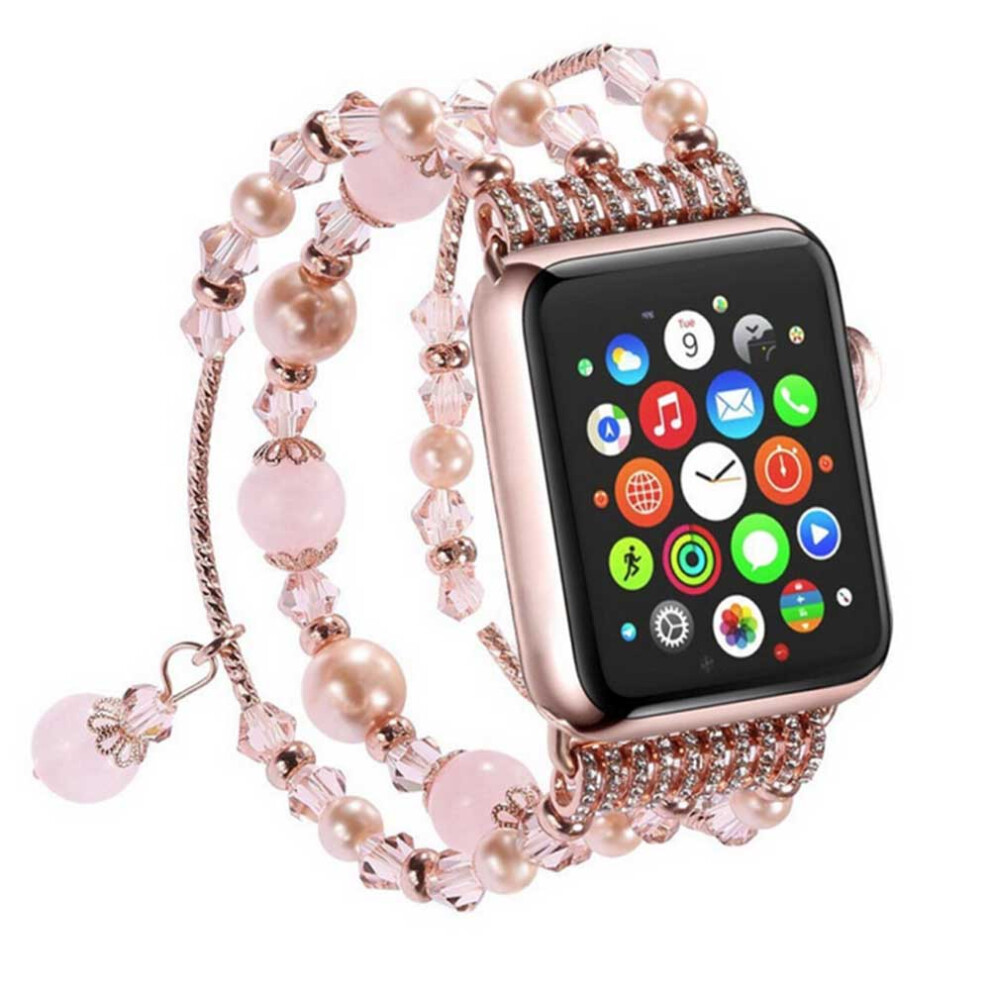 Stylish Beaded Band For Apple Watch, Elastic Bracelet With Natural Pearls And Sparkling Crystals, Bling Bling Design With Comfortable Fit 9049227802210