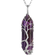 Wire Wrapped Amethyst Crystal Pendant, Natural Stone Healing Necklace with Tree Of Life Symbol for Spiritual Growth, Chakra Necklace Featuring Reiki H