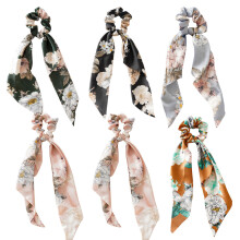Elásticos de cabelo removíveis em cetim com núcleo elástico e tecido estampado, acessórios de cabelo elegantes e vintage para mulheres, laço de