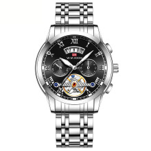 Waterproof Men's Automatic Watch with Blue-Inlay Dial, Luminous Hands and Multi Calendar Stainless Steel Bracelet, Skeleton Design Luxury Mechanical W