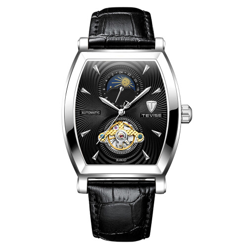 Relógio masculino com pulseira de couro marrom e preta, indicador de dia e data, resistente à água e com fase da lua. Design quadrado com