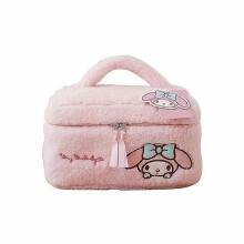 (Melody) Sanrio Teddy Plush Large Capacity Cosmetic Storage bag, Cartoon Chic Soft Travel Makeup Bag, Premium Feel with Zipper