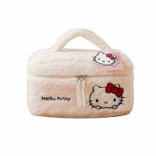 (Hello Kitty) Sanrio Teddy Plush Large Capacity Cosmetic Storage bag, Cartoon Chic Soft Travel Makeup Bag, Premium Feel with Zipper