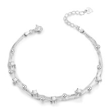 Beaded Star Bracelet for Women, Minimal Everyday Wear with Cute Bell Accent, Celestial Bracelet in Sterling Silver, Multi-Layered Charm Link Design, A
