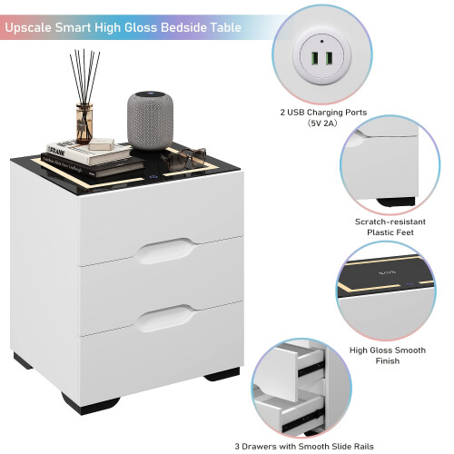 (White New) Bedside Table Nightstand Charging 2