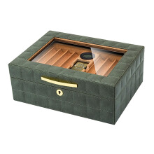 Cigar Humidifier Box, Double Layer Humidors, Leather Exterior Glass , Hygrometer, Divider, Holds 50 Cigars, Green