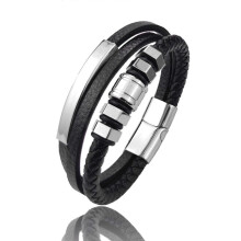 (None) Braided Leather Bracelets with Magnet Clasp for Men Women with Stainless Steel Beads Bracelet Wrist Cuff Bangle Presents