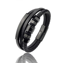 (Black) Braided Leather Bracelets with Magnet Clasp for Men Women with Stainless Steel Beads Bracelet Wrist Cuff Bangle Presents