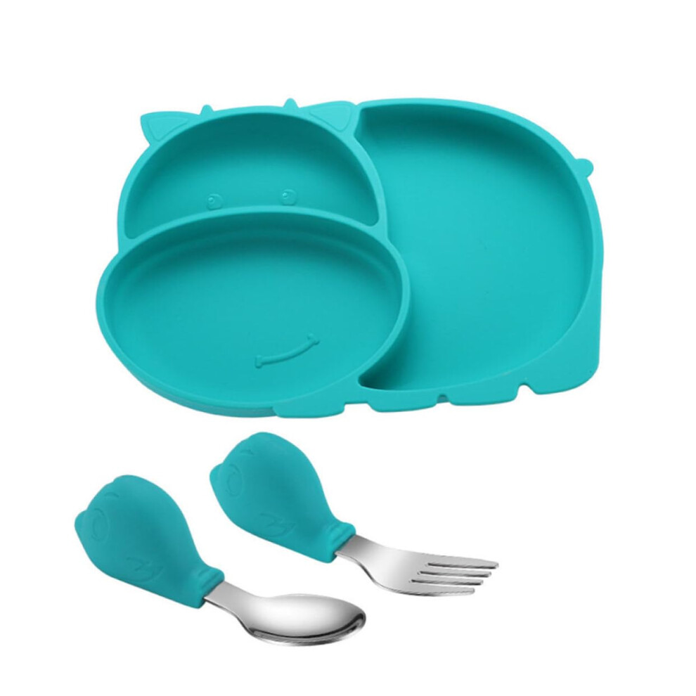 Silicone Baby Feeding Plate with Spoon and Fork, Toddler Divided Suction Plate for Self Feeding