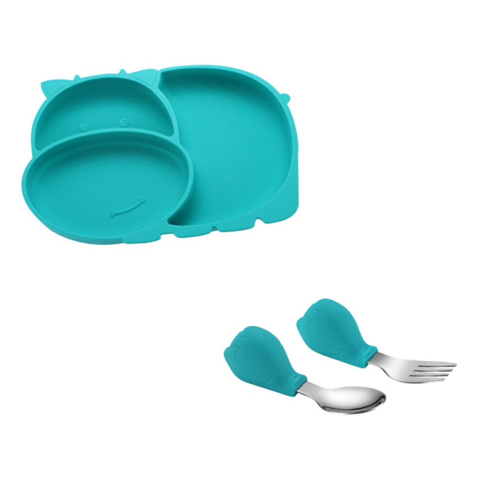 Baby Silicone Feeding Set With Toddler Suction Plate Nonslip Tableware Bowl Spoon Fork Green