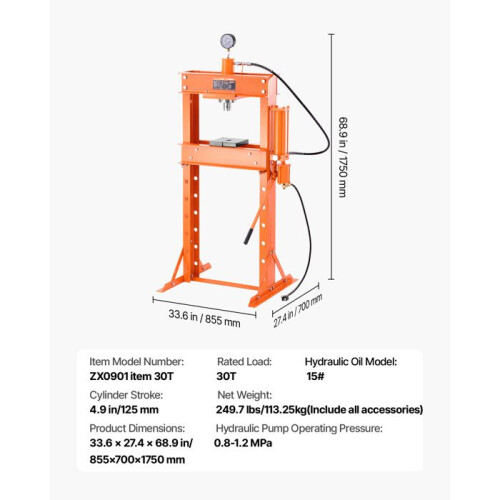 Prensa hidráulica e pneumática - DUOKU - ZX0901 - 30 T - Ajustável - Aço - 33,6 x 27,4 x 68,9 polegadas 1