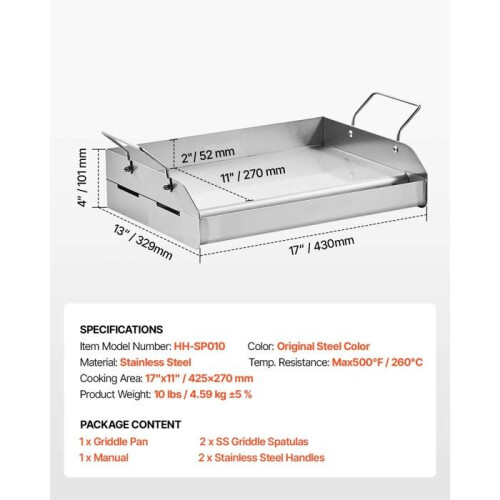 Placa de Cocción - DUOKU - Rectangular Universal - Acero Inoxidable - 425 x 270 mm - Asas Desmontables 1