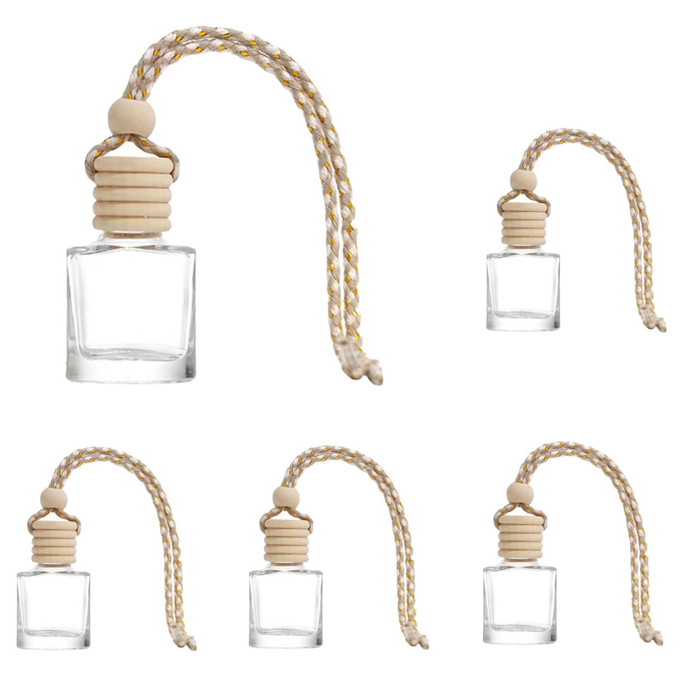 Car Air Freshener 5Pack Empty Glass Perfume Bottles With Wooden Caps And Hanging Diffuser String 9187378545423