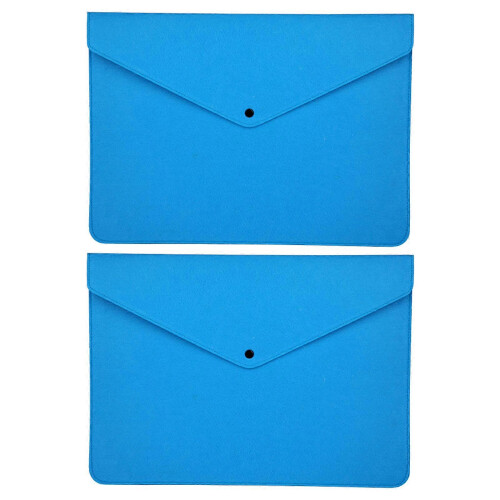 (Blue) 2Pcs Felt Folder Zippered File Envelopes Expanding File Bag Button Closure File Storage Pouches  Purple