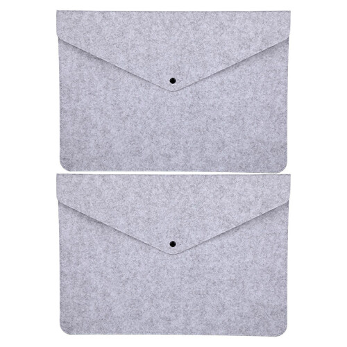 (Grey) 2Pcs Felt Folder Zippered File Envelopes Expanding File Bag Button Closure File Storage Pouches  Purple