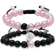 Stretch Bracelet for Couples, Adjustable Length Bracelet with His and Her Magnetic Hearts, Healing Crystals Natural Stone Beads, Energy Beads Bracelet