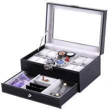 Watch Box with Jewelry Drawer, Transparent Lid Watch Organizer with Lockable Closure, 2-Tier Watch Sunglasses Display Drawer Holder for Men, Premium P