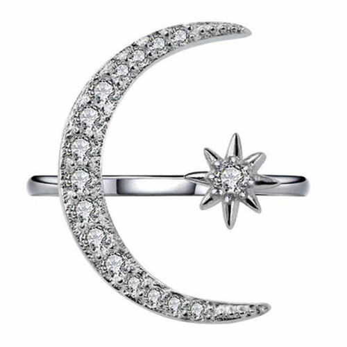 Anel ajustável com lua e estrela, em formato de crescente e estrela com strass refletivo em prata de lei com acabamento brilhante, estilo anel