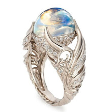 Wedding Band with Angel Wings Embellishment, 925 Sterling Silver Vintage Ring Set with Moonstone and Cubic Zirconia, Comfort Fit Hypoallergenic Jewelr
