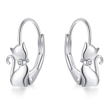 Orecchini a forma di gatto con zirconi cubici, orecchini a cerchio in argento sterling 925, orecchini pendenti ipoallergenici con chiusura a leva,