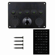 (Green) USB Socket Charger LED Voltmeter 5 Gang Power Multi Outlet ON-OFF Toggle Switch Panel for Car Boat Marine Truck for Camp Red