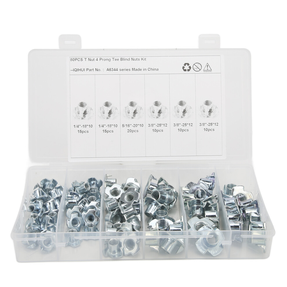 Premium Carbon Steel T Nuts 80Pcs Galvanized Rust Resistant 1/4In 5/16In 3/8In 5021377214673