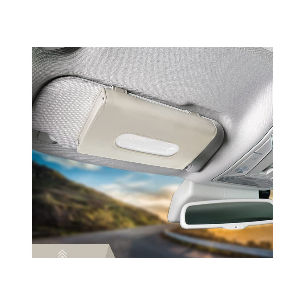 Car Tissue Holder Pu Leather Sun Visor Organizer With Easy Refill For Napkins And Masks Beige 9347817769364