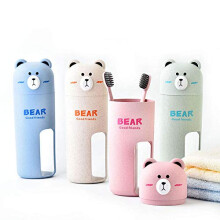Travel Toothbrush Set with Cute Bear Cup, 2 Brushes, EcoFriendly Wheat Straw, 4 Colors