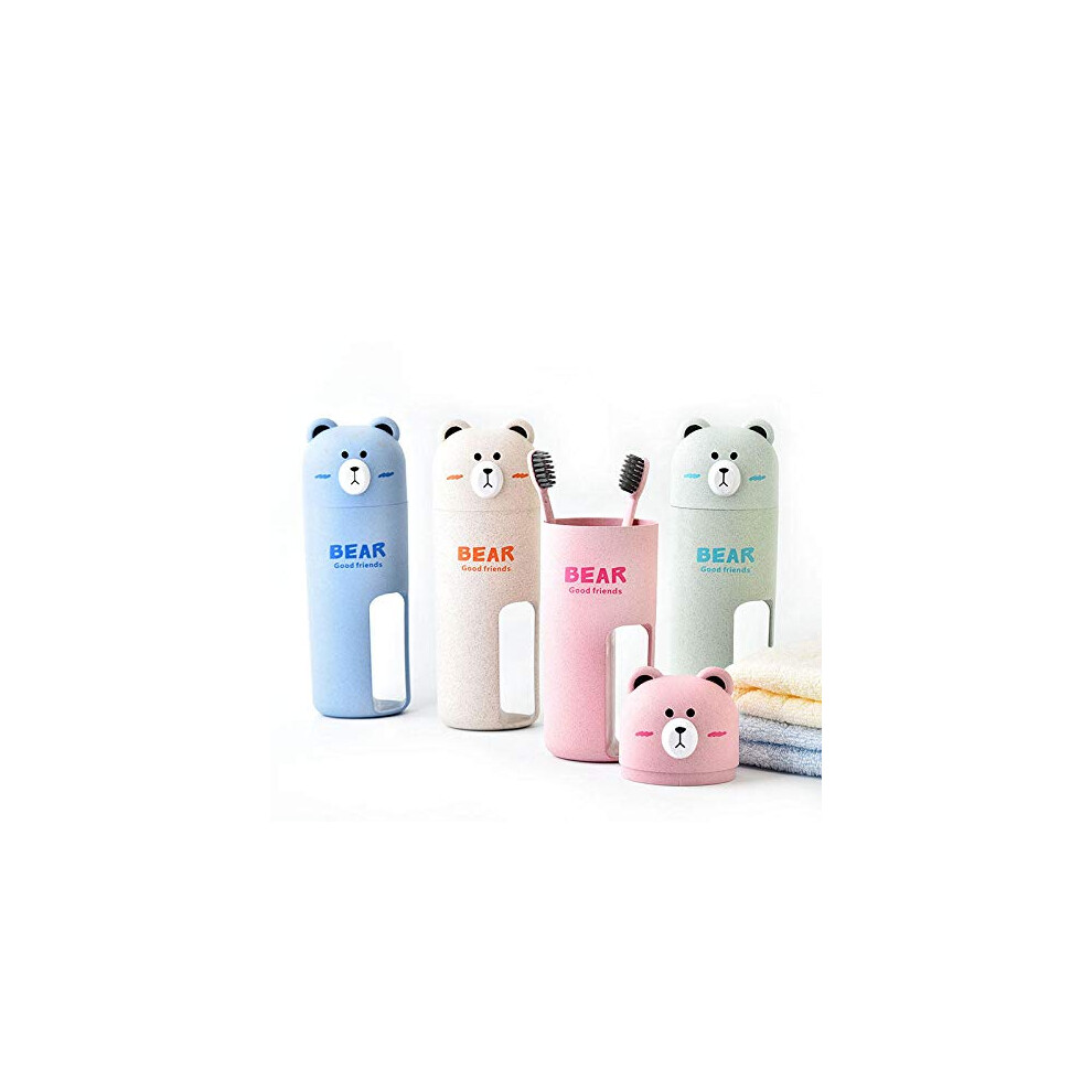 Travel Toothbrush Set with Cute Bear Cup, 2 Brushes, EcoFriendly Wheat Straw, 4 Colors