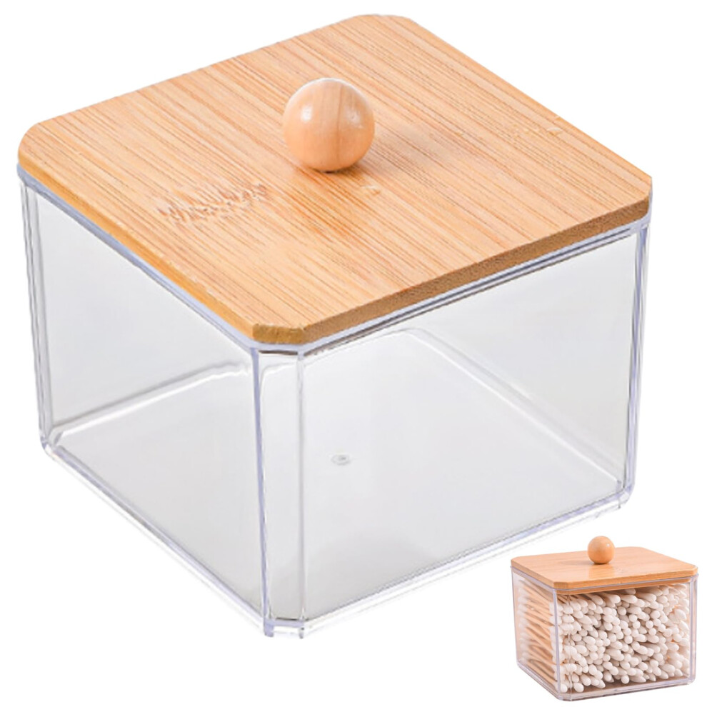 Cotton Swab Container Transparent Holder Bamboo Lid Dustproof Storage Box For Makeup And Bath Salts 9.3x9.3x7.5 Cm