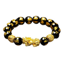 Braccialetto Feng Shui con protezione Pixiu, braccialetto portafortuna con perline di ossidiana imitazione placcate oro da 12 mm per attirare