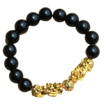 Náramek Feng Shui s ochranou Pixiu, náramek pro štěstí, 12mm pozlacené imitace obsidiánových korálků pro přilákání bohatství a