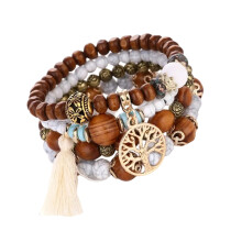 Rekbare armband voor dames, verstelbare kralenarmbandset met kwastje, Boheemse stijl, stapelbare houten kralenarmband, meerkleurige armband