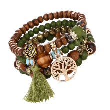 Pulseira elástica feminina, conjunto de pulseiras ajustáveis com contas e detalhe de borla, estilo boêmio, pulseira empilhável de madeira com