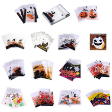 (Happy pumpkin hat) 100pcs Halloween Candy Biscuit Bag Self Adhesive Party Cartoon Clear Treat Bags