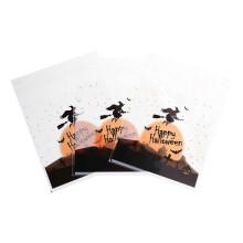(Dark happy witch) 100pcs Halloween Candy Biscuit Bag Self Adhesive Party Cartoon Clear Treat Bags